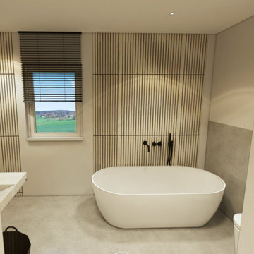 Modernes Badezimmer mit freistehender Badewanne.