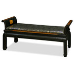 China Furniture and Arts - Elmwood Zhou Yi Bench, 54"x17.75"x23.75" - Firmly mounted with Chinese silk upholstery, our Zhou Yi bench is perfect for foyer or hallway. Passages from I Ching, the ancient Book of Change of Taoism, are carved in Chinese calligraphy on elegantly curved sides. A beautiful work of art aside from its practical ends. Hand-applied black finish with distressed edges. Fully assembled.