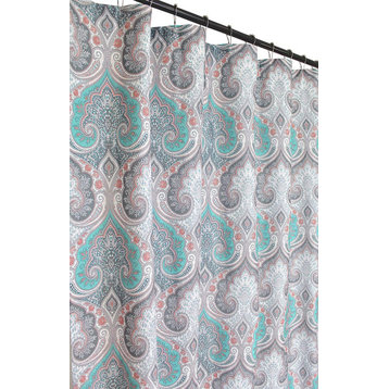 Decorative Teal Pink Grey Fabric Shower Curtain: Floral Damask Design
