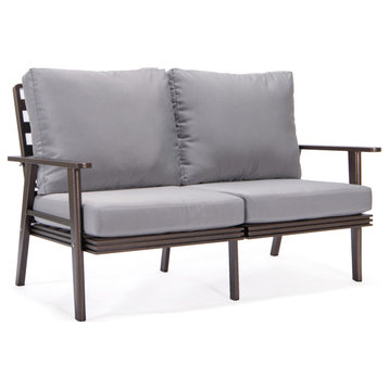 Leisuremod Walbrooke Patio Loveseat With Brown Aluminum Frame, Gray