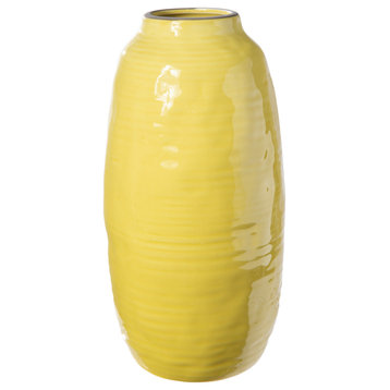 Round Ceramic Vase in Ribbed Design Body Gloss Yellow Finish, Small