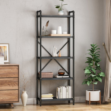 Lina Industrial Iron Five Shelf Bookcase, Gray Finish, Pewter Finish