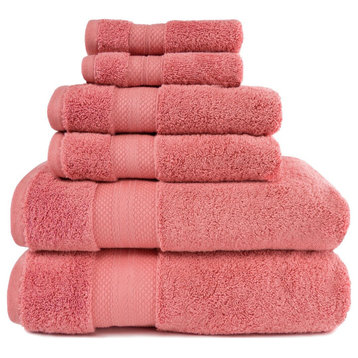 6 Piece Turkish Solid Cotton Hand Bath Towels, Coral