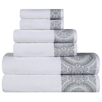 6 Piece Turkish Cotton Fast Drying Soft Towel, White-Silver