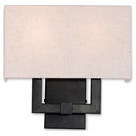 Livex Lighting - Meridian 2-Light ADA Wall Sconce, English Bronze - This wall sconce from the Meridian collection has a clean, crisp look and contemporary appeal. The sleek back plate and angular arm feature a english bronze finish. The hand crafted oatmeal fabric hardback shade offers warm light for your surroundings.