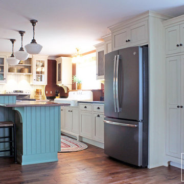 Cream Farmhouse Kitchen with Green Island & Paneled Dishwasher