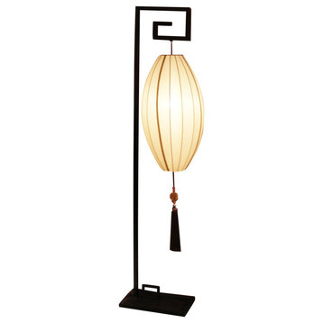 Hanging Chinese Palace Floor Lantern with Beige Shade