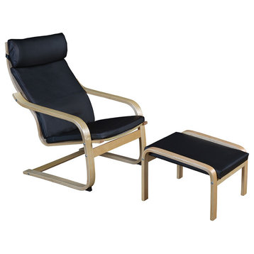 Mia Bentwood Reclining Chair and Ottoman, Natural/Black Leather
