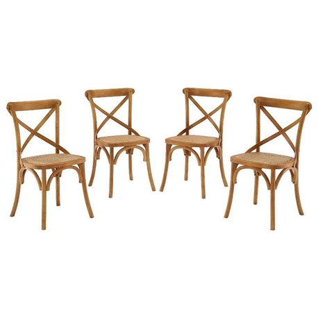 Modway Gear 18.5" Elm Wood and Rattan Dining Side Chair in Walnut (Set of 4)