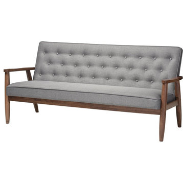 Mid-Century Modern Sofa, Rubberwood Frame With Gray Seat & Button Tufted Back