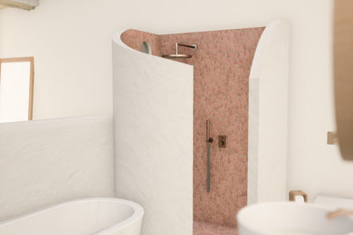 Idées déco pour une grande salle de bain blanche et bois méditerranéenne avec une baignoire indépendante, une douche ouverte, WC suspendus, un carrelage rose, des carreaux de céramique, un mur blanc, sol en béton ciré, un lavabo posé, un plan de toilette en bois, un sol gris, aucune cabine et meuble simple vasque.