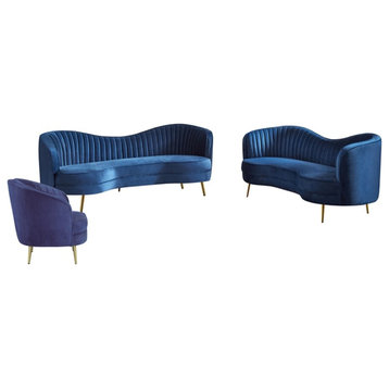 Pemberly Row 3-Piece Contemporary Velvet Camel Back Sofa Set in Blue