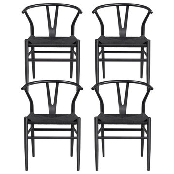 Set of 4 Dining Chair, Knitted Seat & Unique Curved Open Back, Black