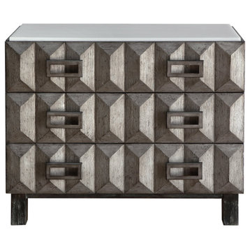Unique Dresser, 3 Drawers With Geometric Patterned Front & Rectangular Pulls