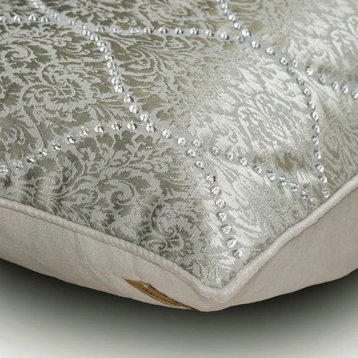 Gray Silk 12"x14" Lumbar Pillow Cover Crystal Embroidery Victorian, Aabharana