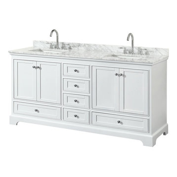 Deborah 72" White Double Vanity, Carrara Marble Top, Um Sinks, No Mirror