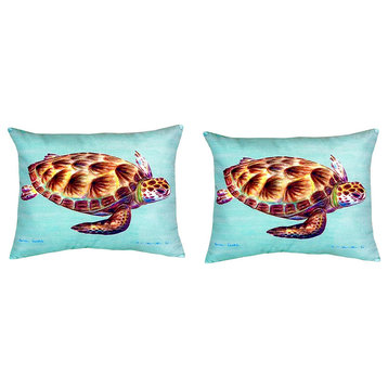 Pair of Betsy Drake Green Sea Turtle - Teal No Cord Pillows 16 Inch X 20 Inch