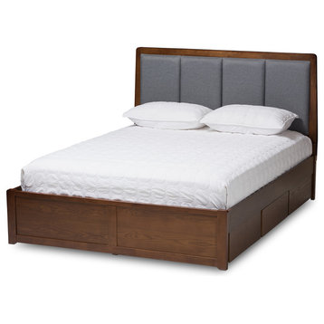 Brannigan Dark Gray Fabric Upholstered Walnut Storage Platform Bed, Queen