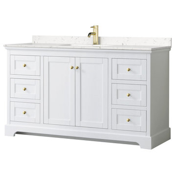 Avery 60" Single Vanity, White, Carrara Cultured Marble Top, Gold Trim