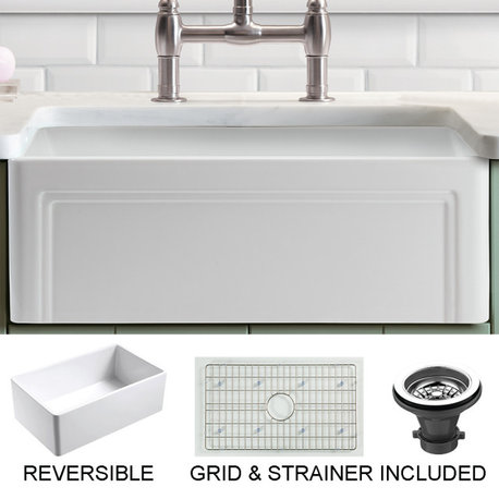Olde London Reversible Farmhouse Single Bowl Kitchen Sink, Grid, Strainer, 33"