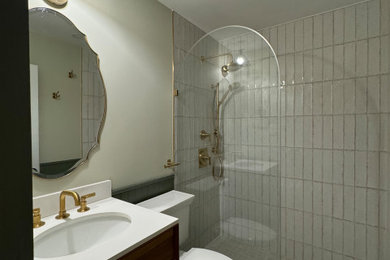 Eclectic 3/4 single-sink bathroom photo in Philadelphia with white countertops and a freestanding vanity