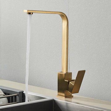 Single Lever 360 Rotate Deck Mount Kitchen Faucet, Brushed Gold