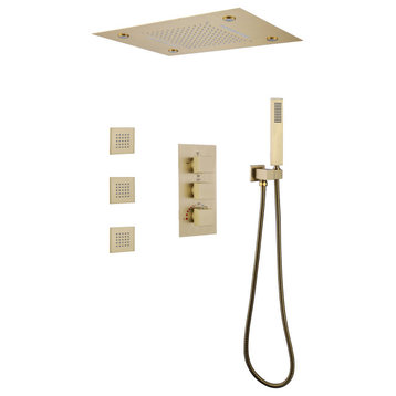 Thermostatic Shower System With Multi Function LED Shower Head, Brushed Gold