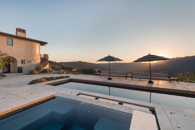 Example of a large transitional backyard stone and rectangular lap hot tub design in Los Angeles