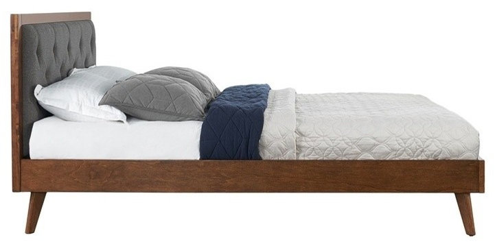Linon Mid Century Upholstered Platform Queen Bed Frame in Walnut Brown ...