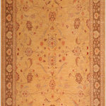 Bareens Designer Rugs - Shabby Chic Ziegler Vennie Tan Brown Hand-Knotted Wool Rug - 8'8'' x 9'10'' - Enhance the ambiance of your home with this magnificent Persian-influenced Turkish hand-knotted rug made by skilled artisans capable of creating the most exceptional vegetable dyes and hand-spun wool. This exquisite handmade rug is a one-of-a-kind Peshawar Kafkaz, otherwise identified as Chobi, Chobi Peshawar, Oushak, or Ziegler rug. These handmade rugs are crafted in Pakistan utilizing superior-quality wool imported from Australia, New Zealand, and Korea in two types of weaves: the Persian weave and the Mori weave. This rug is meticulously crafted by hand using the finest natural vegetable dyes extracted from local plants. The artisans use a blend of hand-spun local and fine merino wool, resulting in a rug with a compelling texture, higher lanolin content, and longer staple. The artisans occasionally incorporate natural or artificial silk into the pile to enhance specific motifs. The finished product is an awe-inspiring execution of flawless design and an understated palette that exudes elegance.