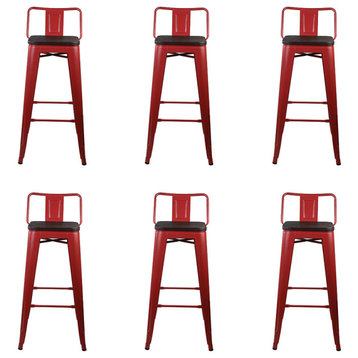 Red Lowback Metal Bar Stools, Dark Wooden Seat, Set of 6