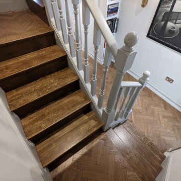 Aged effect herringbone parquet and traditional stair cladding | Chelsea SW5