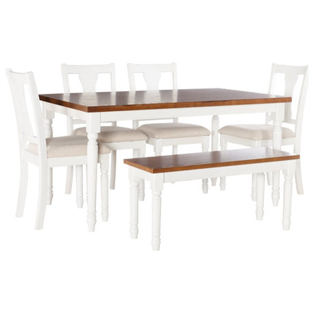 Linon Willow Wood 6 Pce Upholstered Dining Set with Bench in Vanilla White/Honey