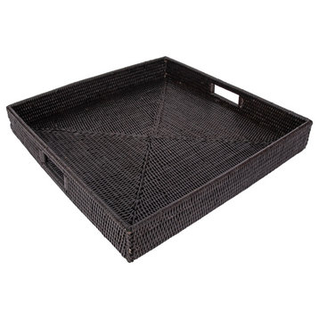 Artifacts Rattan™ Square Ottoman Tray with Cutout Handles, Tudor Black, 20"x20"
