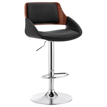 Colby Adjustable Faux Leather and Metal Bar Stool, Black and Chrome