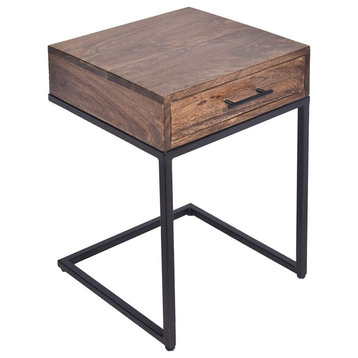 Benzara UPT-186118 Mango Wood Side Table with Drawer & Iron Base, Brown & Black