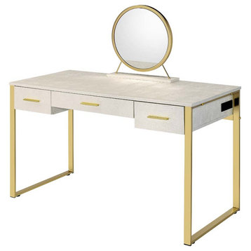 Acme Myles Vanity Set With USB Port Antique White and Champagne Finish
