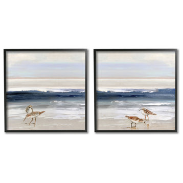 Birds On Beach Shore Ocean Waves Blue Sky Landscape, 2pc, each 12 x 12