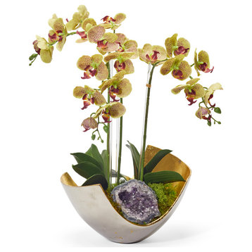 Orchids in Mixed Metal Scoop, Green With Amethyst