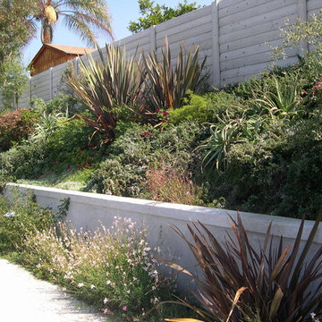 A new retaining wall replaced a collapsing wooden frame.  Drought tolerant plant