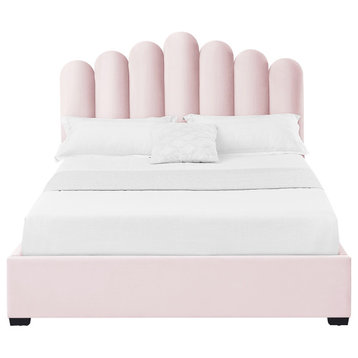 Inspired Home Monty Bed, Velvet Upholstered Scalloped Headboard, Blush, Queen
