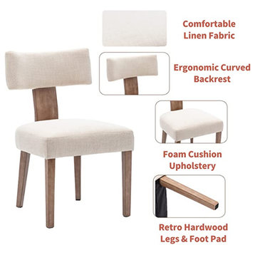 Mid-Century Modern Dining Chairs, Linen Fabric Upholstered and Curved Backrest
