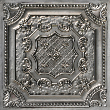Elizabethan Shield Faux Tin Ceiling Tile - 24 in x 24 in, Pack of 10, #DCT 04, Aged Silver
