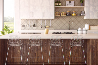 Inspiration for a large modern galley dark wood floor open concept kitchen remodel in New York with an undermount sink, flat-panel cabinets, distressed cabinets, solid surface countertops, gray backsplash, ceramic backsplash, stainless steel appliances and an island