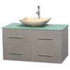 Centra 42" Gray Oak Single Vanity, Green Glass Top, Arista Ivory Marble Sink