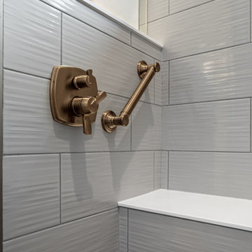 Transitional Primary Bathroom Remodel | Navy Vanity & Walk-In Shower