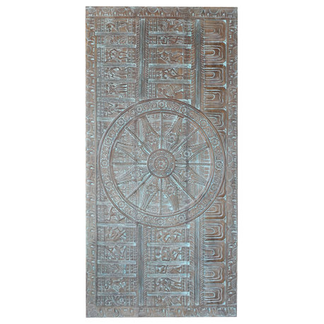 Consigned Artisan-Carved Vintage Sun Temple Wall Sculpture Zen Headboard