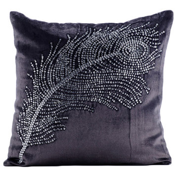 Gray Velvet 14"x14" Crystals Peacock Feather Pillows Cover, Peacock Bliss