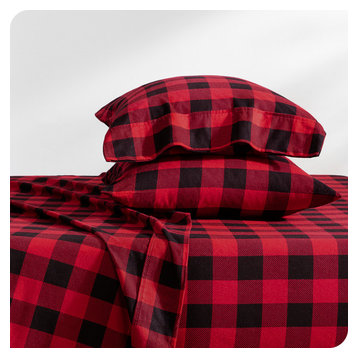 Bare Home Cotton Flannel Sheet Set, Buffalo Plaid - Red/Black, Split King