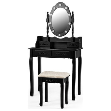Classic Vanity Set, Stool & Drawers With Carved Details & Lighted Mirror, Black